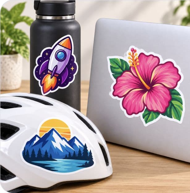 Illustration of printed vinyl stickers applied to a water bottle, laptop, and helmet