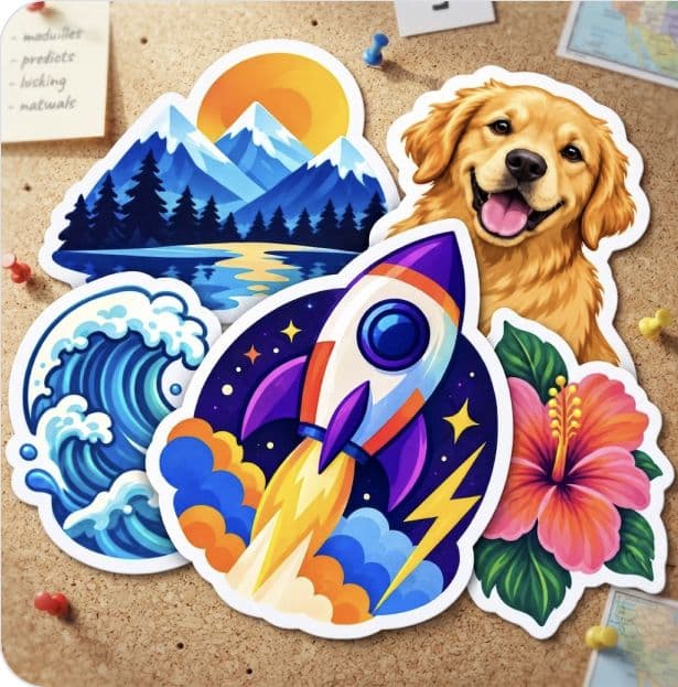 Illustrated mountain, dog, wave, rocket, and flower designs printed on white vinyl