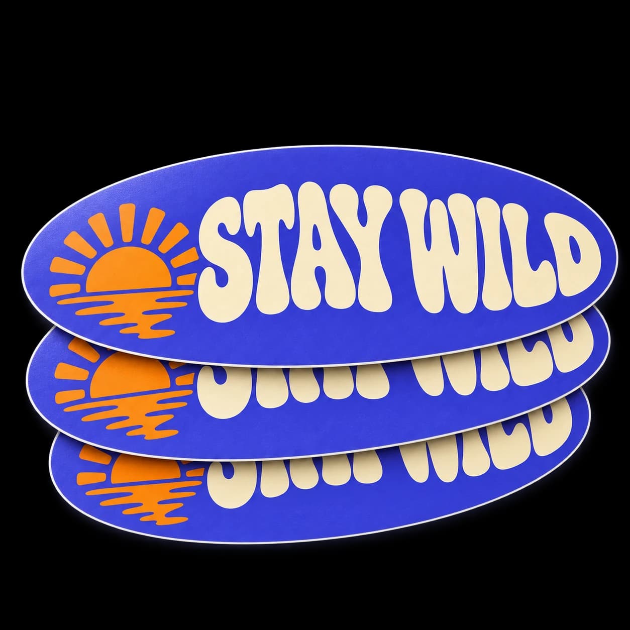 Stack of purple oval Stay Wild stickers with an orange sunset and cream lettering