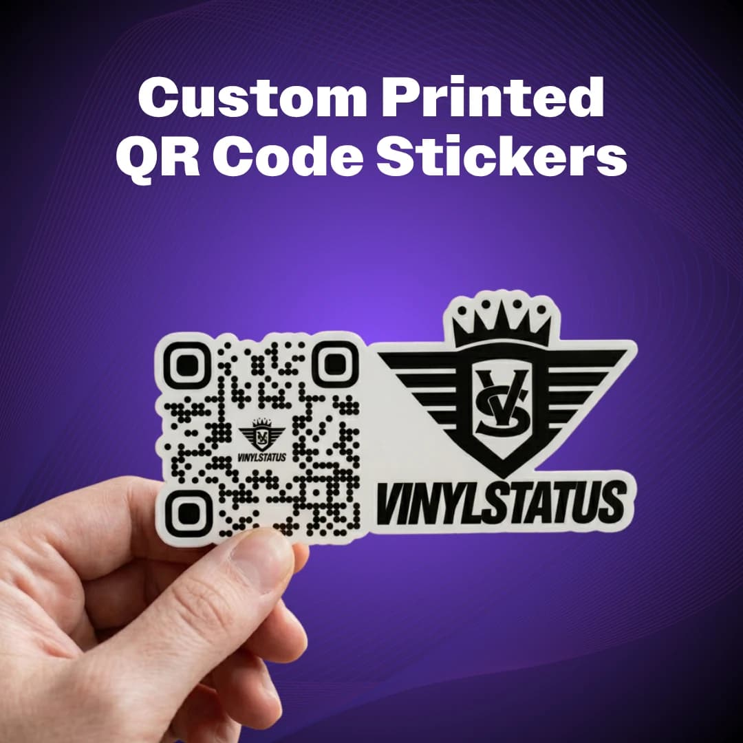 A printed QR code sticker paired with the Vinyl Status logo