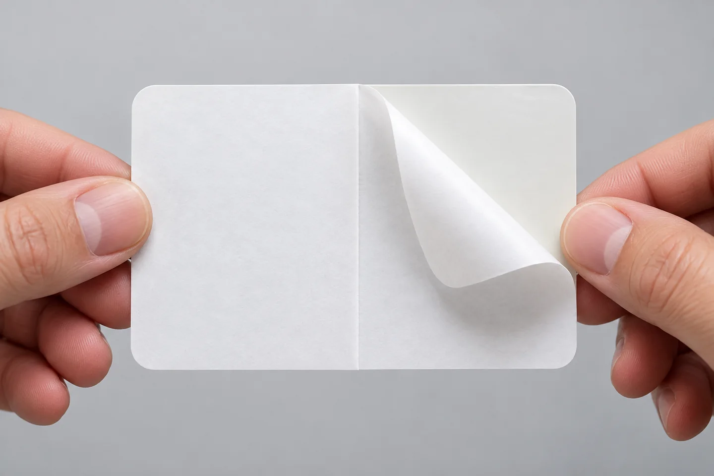 Illustration of hands peeling a rounded rectangle sticker's backing from its center split